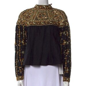 Ulla Johnson Embroidered Black Boho Top with Gold Detailing